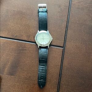 Silver Watch with Black Leather Strap